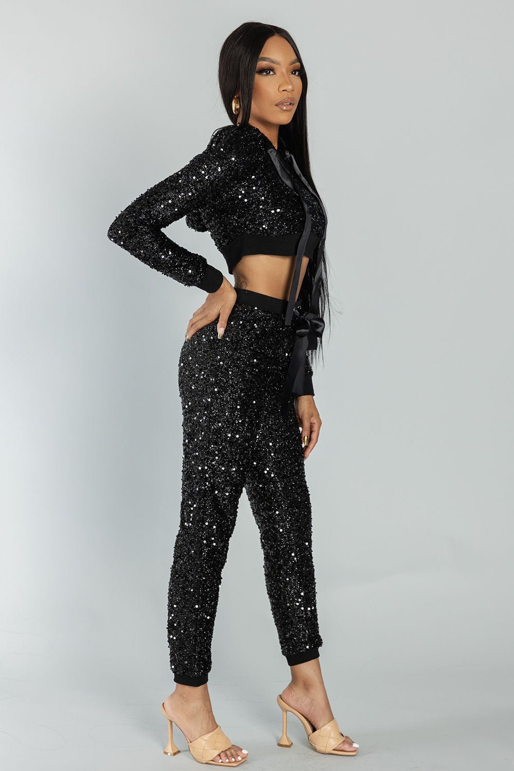 Black Sequin Hoodie Top & Jogger Pants Set - Sage & Magic