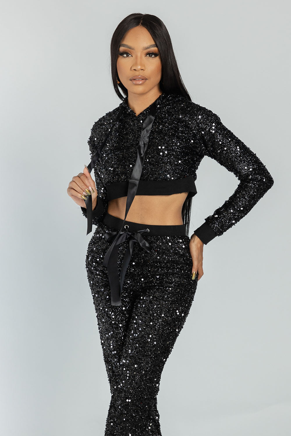 Black Sequin Hoodie Top & Jogger Pants Set - Sage & Magic